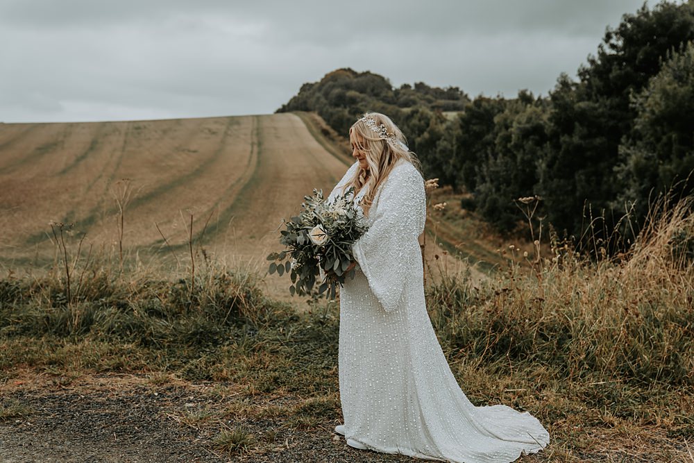Dress Gown Bride Bridal Silver Glitter Sequin Beaded Cape Sleeves Minimalist Barn Wedding Amber Louise Photography