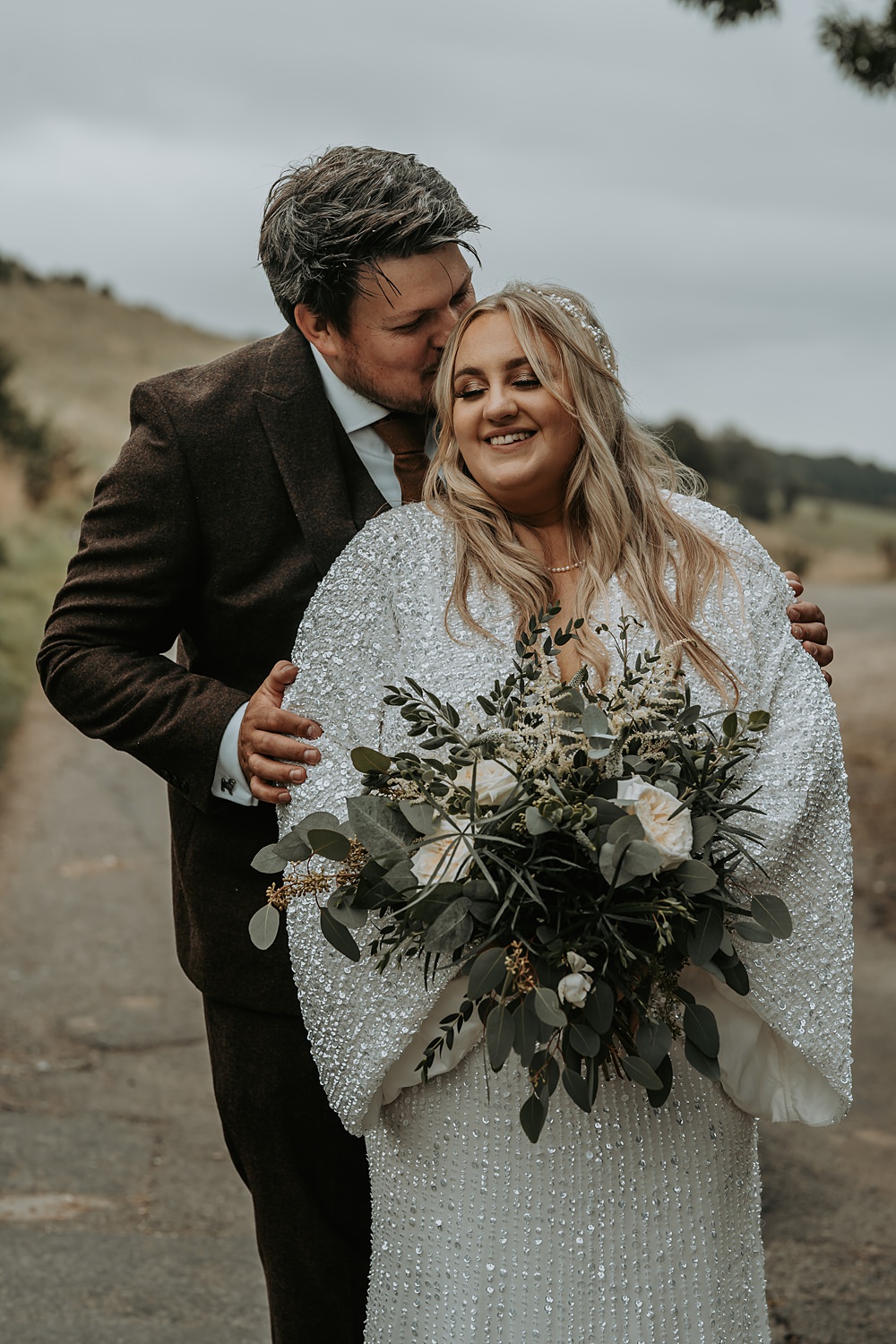 Dress Gown Bride Bridal Silver Glitter Sequin Beaded Cape Sleeves Minimalist Barn Wedding Amber Louise Photography