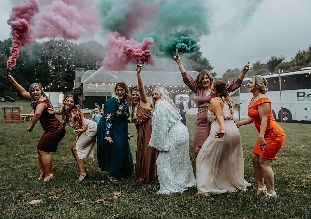 Multicolour Smoke Bomb Photo Minimalist Barn Wedding Amber Louise Photography