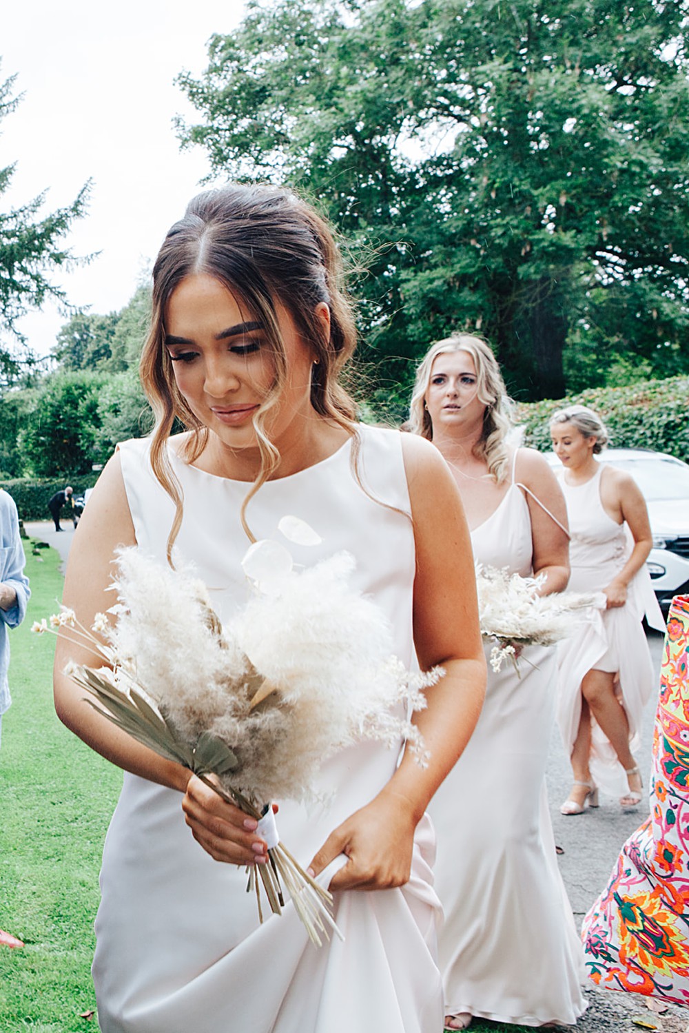 Bridesmaids White Dresses Dress Pampas Grass Bouquets Orangery Ingestre Wedding Jenny Rose Photography