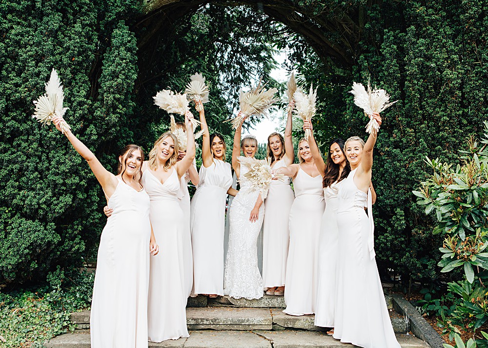 Bridesmaids White Dresses Dress Pampas Grass Bouquets Orangery Ingestre Wedding Jenny Rose Photography