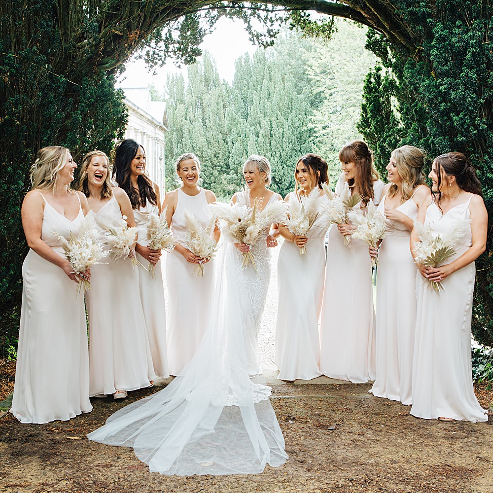Bridesmaids White Dresses Dress Pampas Grass Bouquets Orangery Ingestre Wedding Jenny Rose Photography