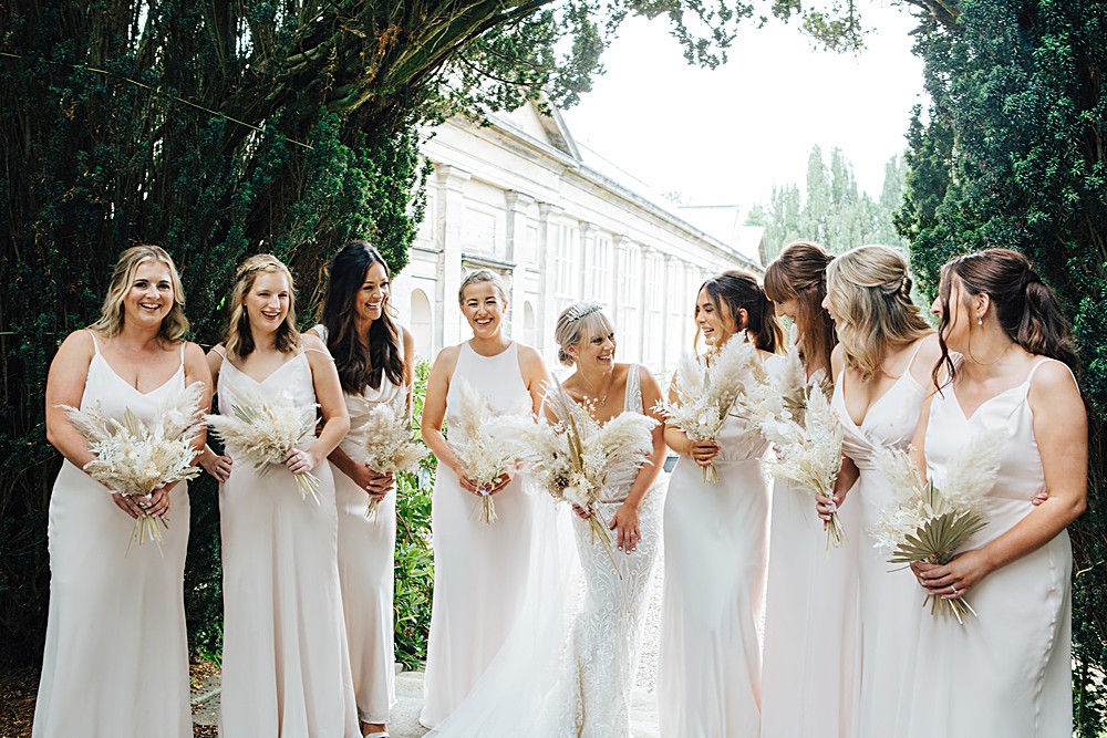 Bridesmaids White Dresses Dress Pampas Grass Bouquets Orangery Ingestre Wedding Jenny Rose Photography