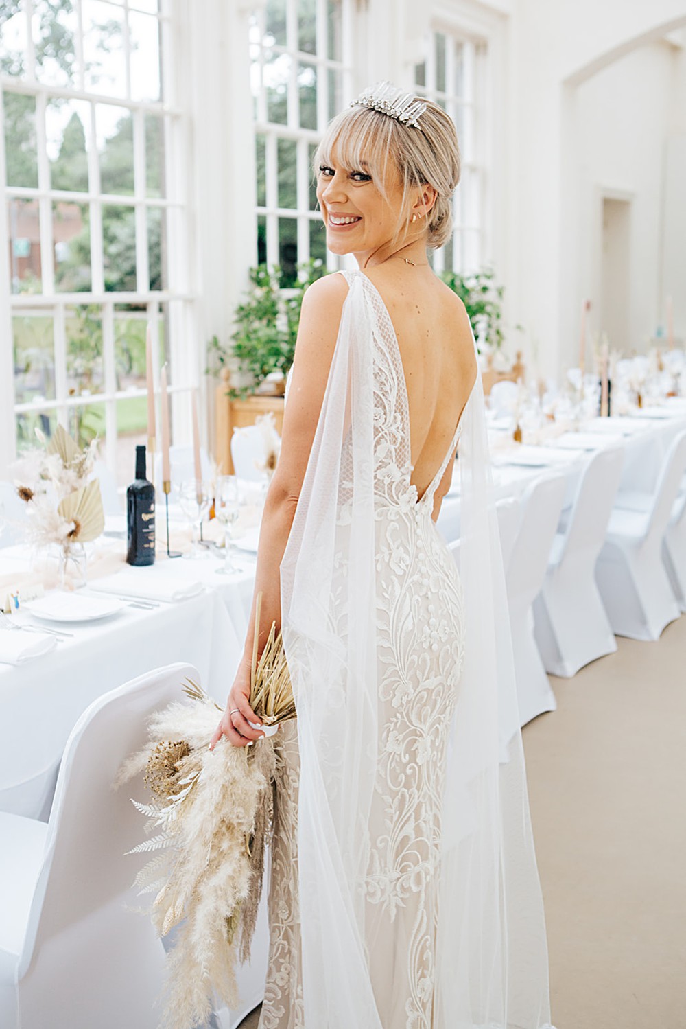 Dress Gown Bride Bridal Illusion Lace Cape Veil Train Mermaid Orangery Ingestre Wedding Jenny Rose Photography