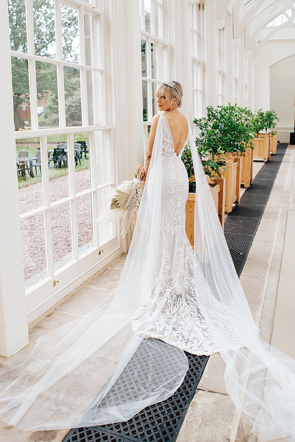 Dress Gown Bride Bridal Illusion Lace Cape Veil Train Mermaid Orangery Ingestre Wedding Jenny Rose Photography