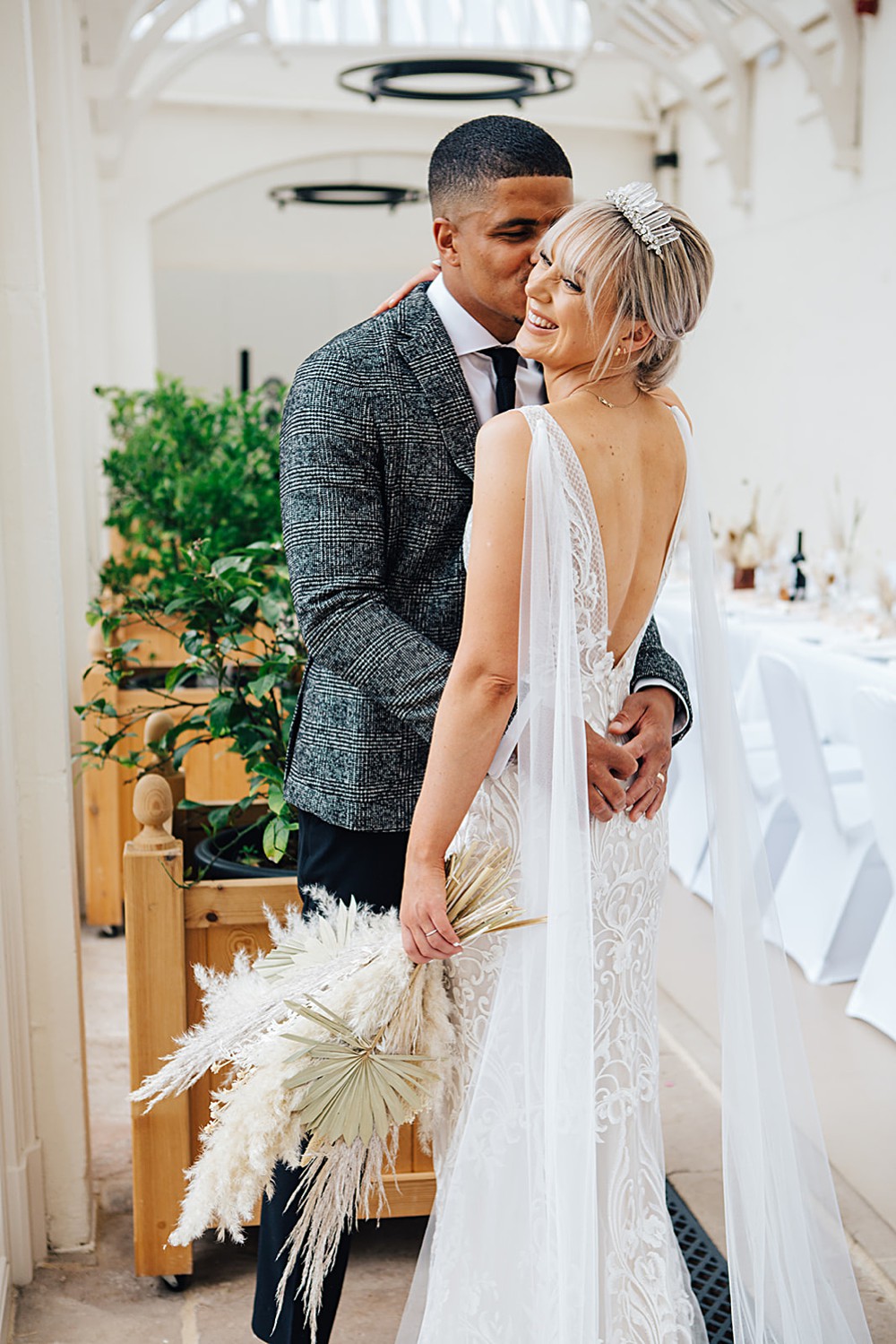 Dress Gown Bride Bridal Illusion Lace Cape Veil Train Mermaid Orangery Ingestre Wedding Jenny Rose Photography