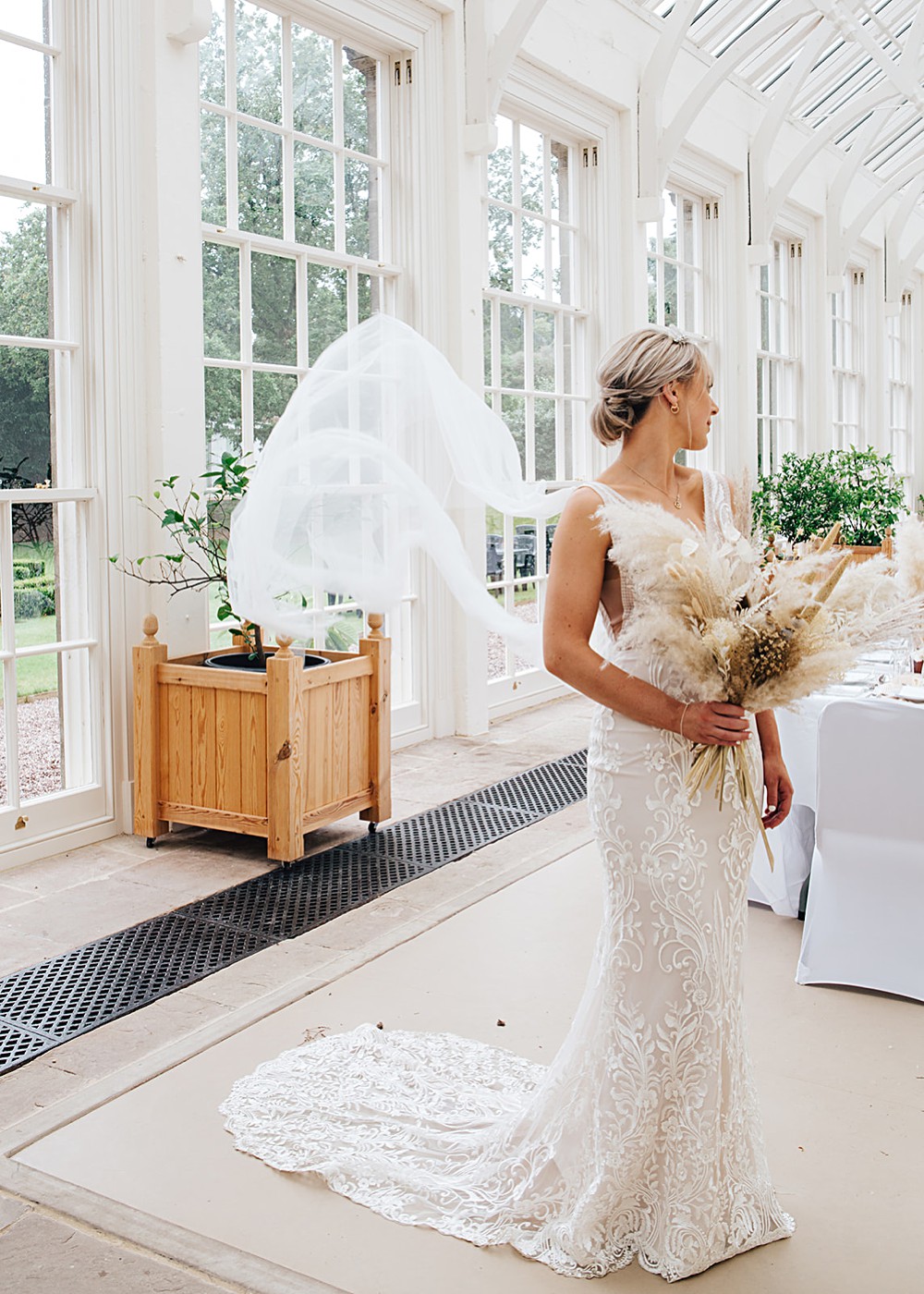Dress Gown Bride Bridal Illusion Lace Cape Veil Train Mermaid Orangery Ingestre Wedding Jenny Rose Photography