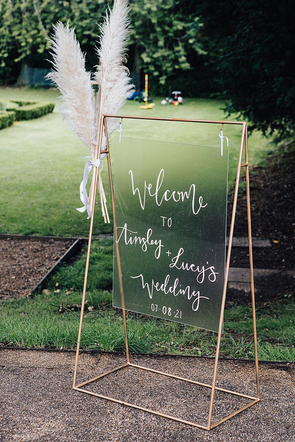 Welcome Sign Perspex Clear Acrylic Calligraphy Pampas Grass Orangery Ingestre Wedding Jenny Rose Photography