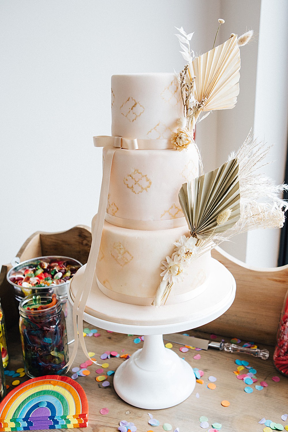 Three Tier Boho Cake Geometric Dried Palm Leaf Orangery Ingestre Wedding Jenny Rose Photography