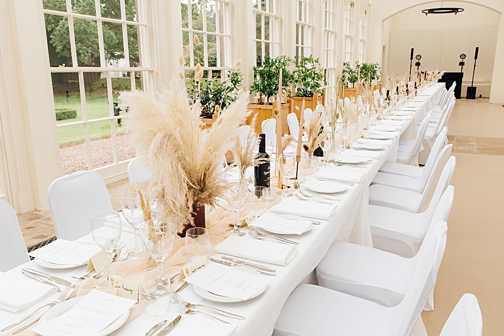 Long Table Decor Pampas Grass Centrepiece Bottles Gold Candlesticks Cream Silk Runner Orangery Ingestre Wedding Jenny Rose Photography
