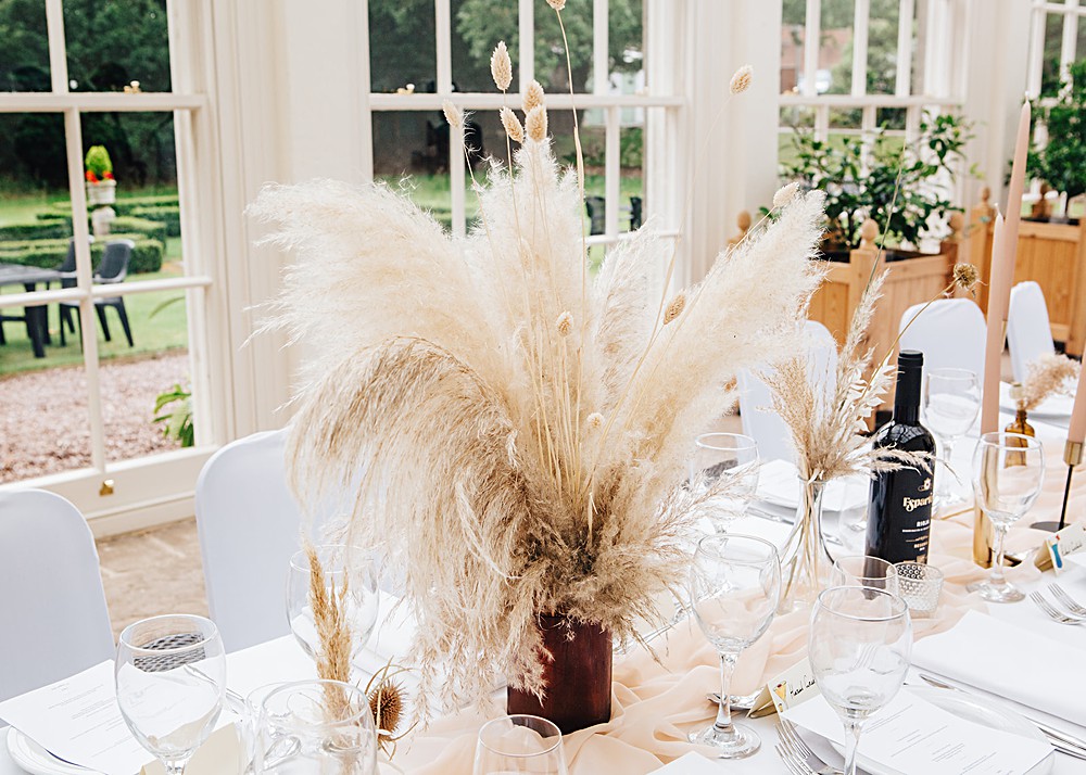 Long Table Decor Pampas Grass Centrepiece Bottles Gold Candlesticks Cream Silk Runner Orangery Ingestre Wedding Jenny Rose Photography
