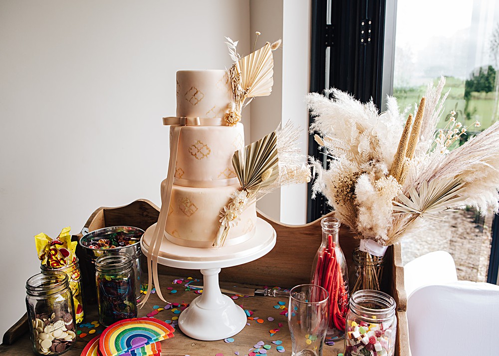 Three Tier Boho Cake Geometric Dried Palm Leaf Orangery Ingestre Wedding Jenny Rose Photography