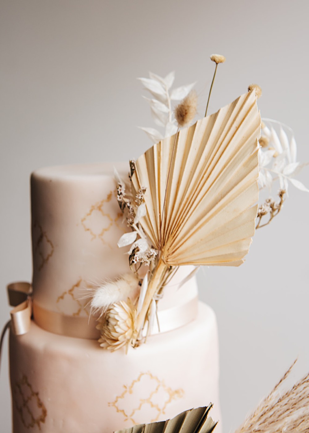 Three Tier Boho Cake Geometric Dried Palm Leaf Orangery Ingestre Wedding Jenny Rose Photography