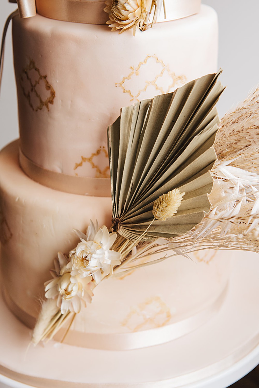 Three Tier Boho Cake Geometric Dried Palm Leaf Orangery Ingestre Wedding Jenny Rose Photography