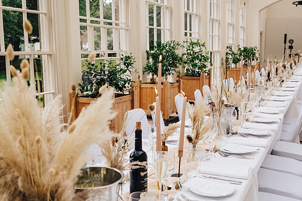 Long Table Decor Pampas Grass Centrepiece Bottles Gold Candlesticks Cream Silk Runner Orangery Ingestre Wedding Jenny Rose Photography