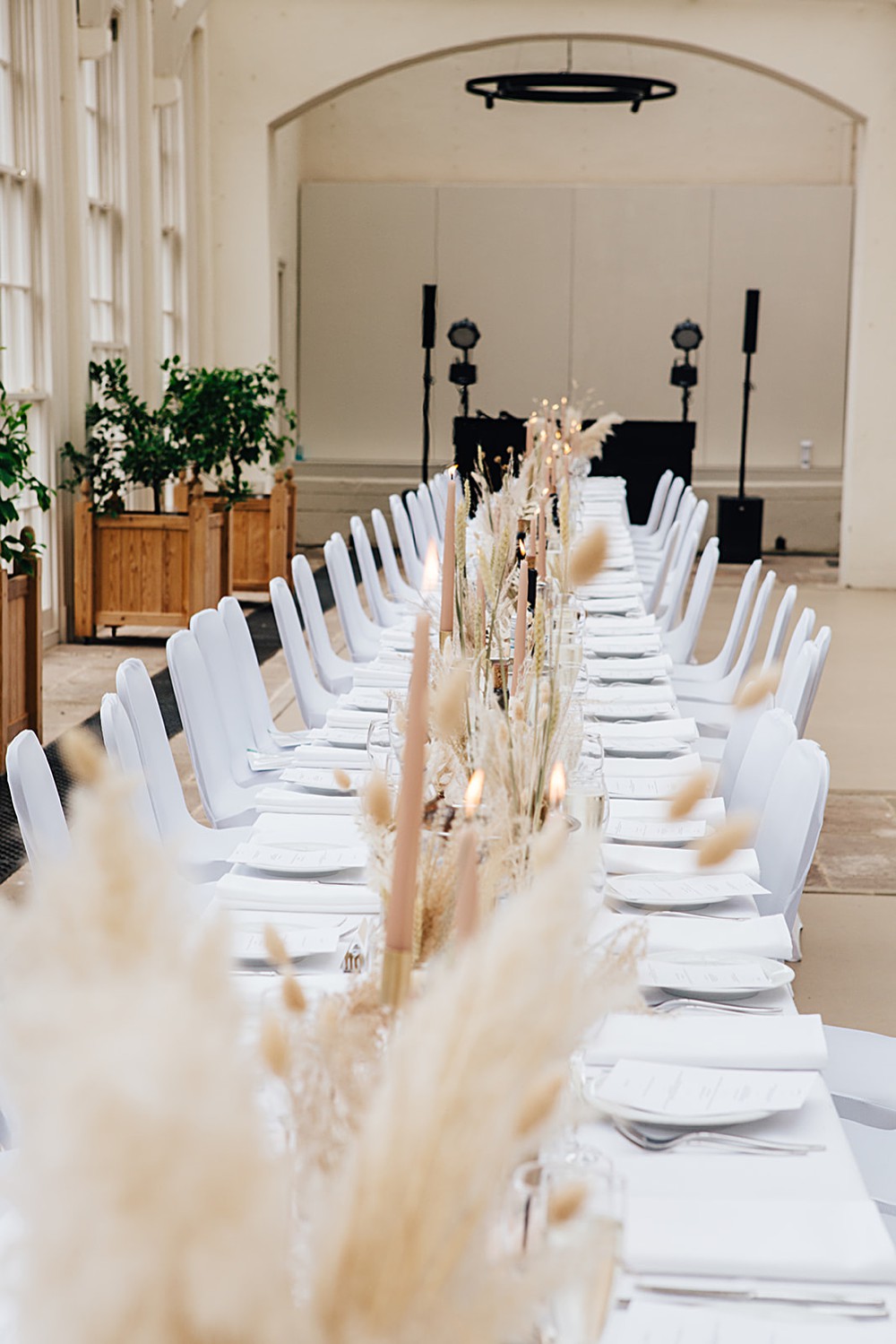 Long Table Decor Pampas Grass Centrepiece Bottles Gold Candlesticks Cream Silk Runner Orangery Ingestre Wedding Jenny Rose Photography