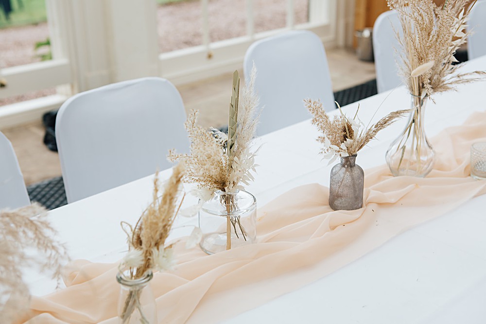 Long Table Decor Pampas Grass Centrepiece Bottles Gold Candlesticks Cream Silk Runner Orangery Ingestre Wedding Jenny Rose Photography