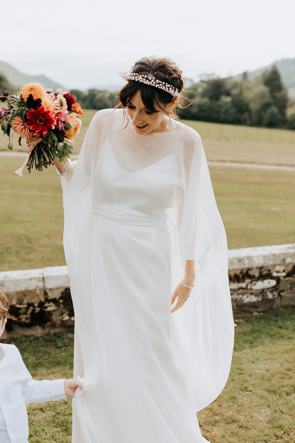 Dress Gown Bride Bridal Cape Tulle Modern Plas Dinam Wedding Wyldbee Photography