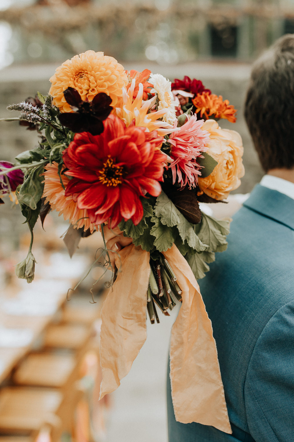 Bouquet Flowers Bride Bridal Orange Red Dahlia Ribbon Plas Dinam Wedding Wyldbee Photography