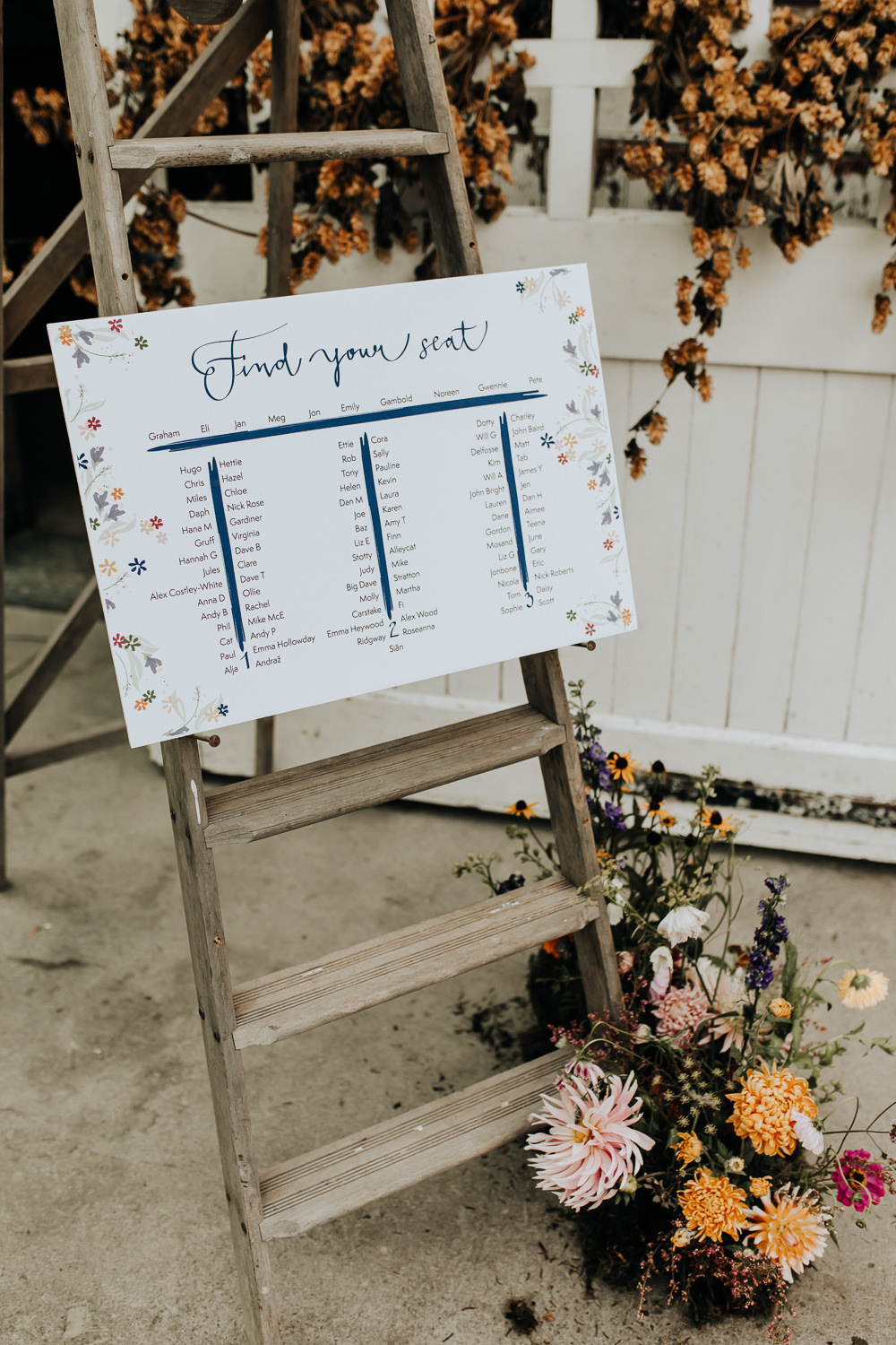 Table Plan Seating Chart Wooden Laddder Flowers Plas Dinam Wedding Wyldbee Photography