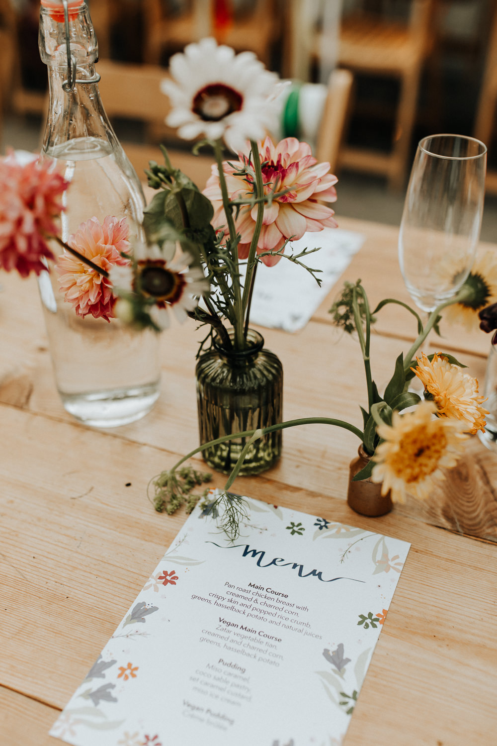 Floral Menu Bottle Flowers Centrepiece Decor Plas Dinam Wedding Wyldbee Photography