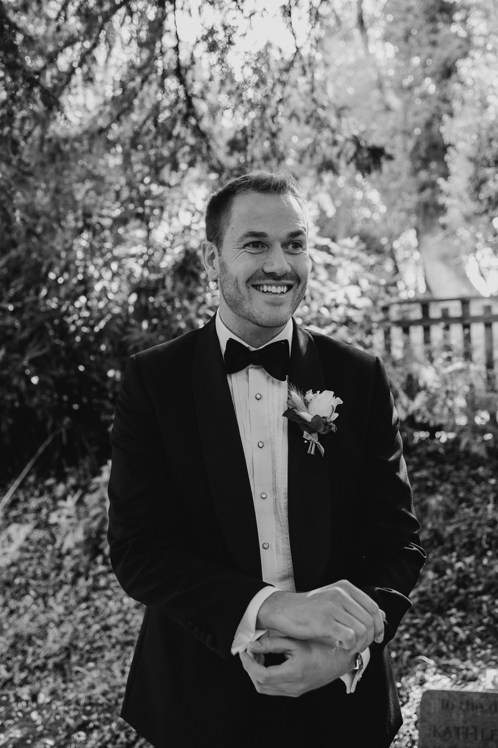 Groom Tux Tuxedo Suit Bow Tie Pylewell Park Wedding Grace Pham Photography
