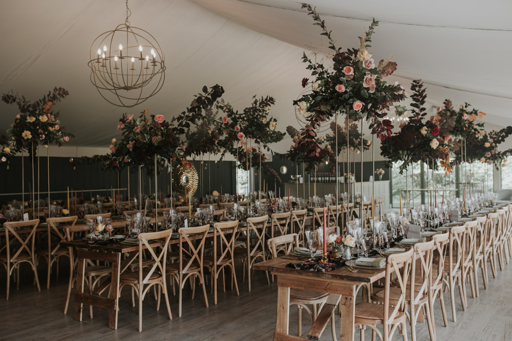 Marquee Reception Decor Long Wooden Tables Tall Flowers Centrpiece Pylewell Park Wedding Grace Pham Photography