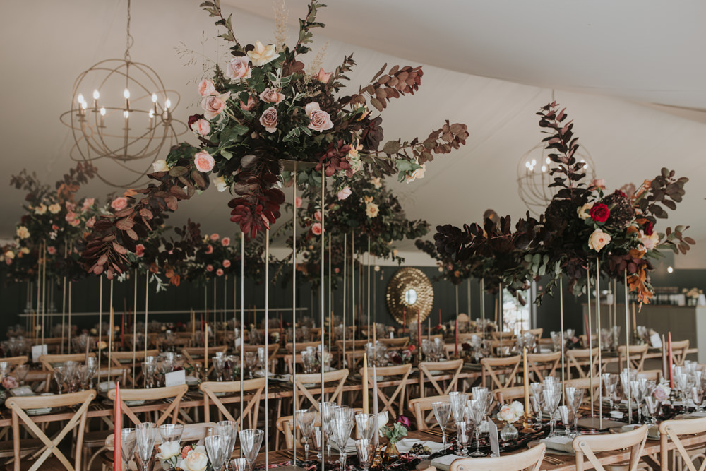 Marquee Reception Decor Long Wooden Tables Tall Flowers Centrpiece Pylewell Park Wedding Grace Pham Photography