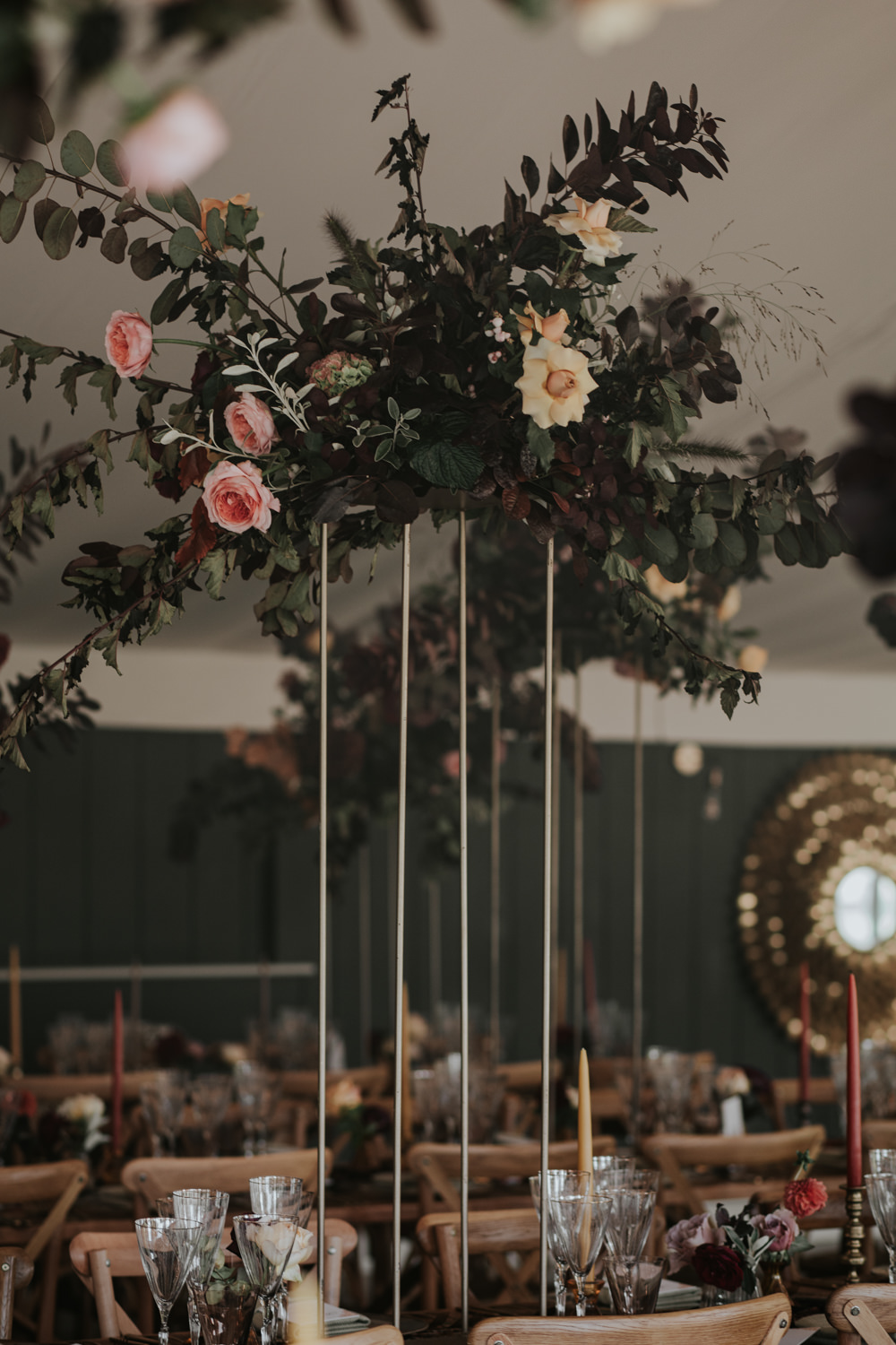 Marquee Reception Decor Long Wooden Tables Tall Flowers Centrpiece Pylewell Park Wedding Grace Pham Photography