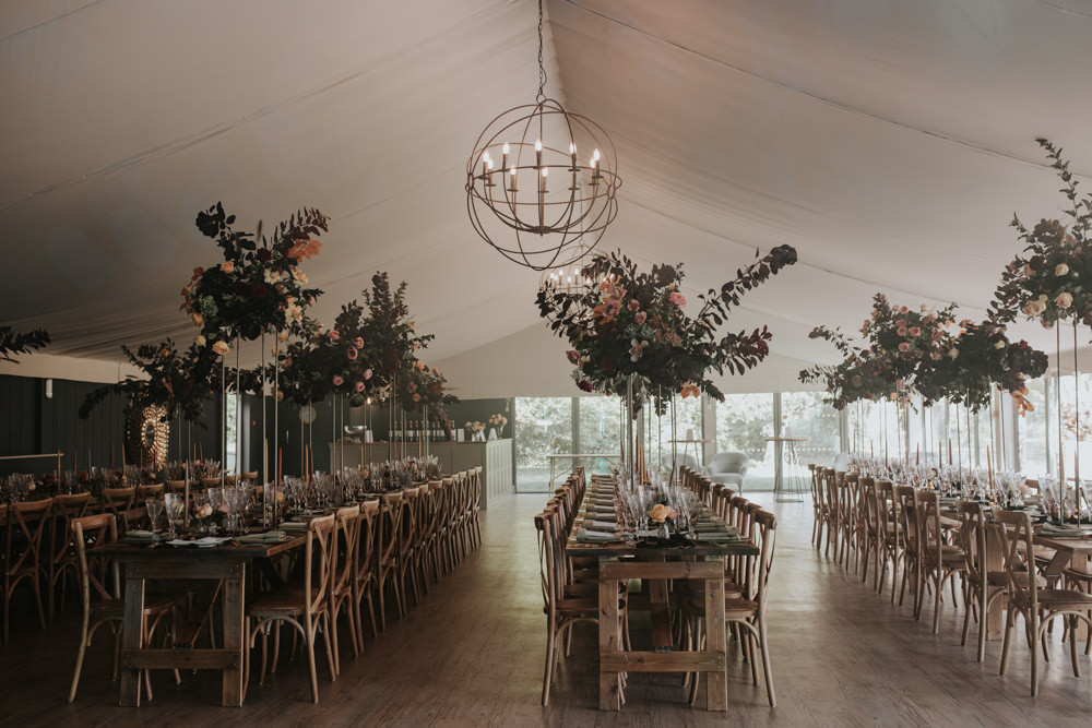 Marquee Reception Decor Long Wooden Tables Tall Flowers Centrpiece Pylewell Park Wedding Grace Pham Photography