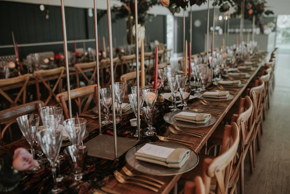 Marquee Reception Decor Long Wooden Tables Tall Flowers Centrpiece Pylewell Park Wedding Grace Pham Photography