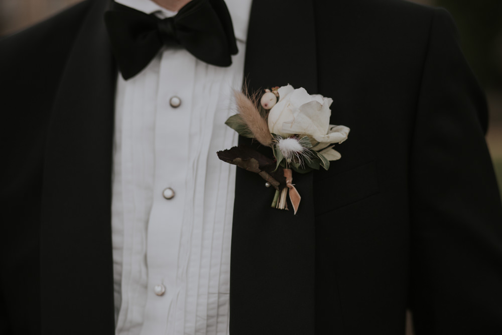Groom Tux Tuxeod Suit Bow Tie Buttonhole Pylewell Park Wedding Grace Pham Photography