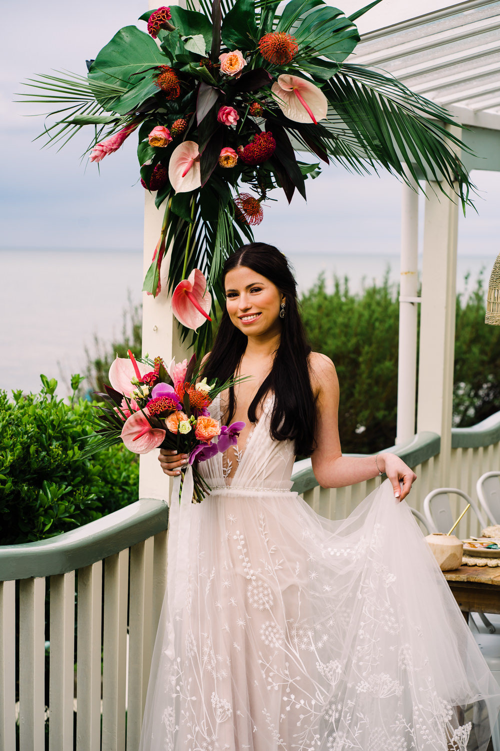 Dress Gown Bride Bridal Lace Plunge Neck Staycation Wedding Jade Touron Photography