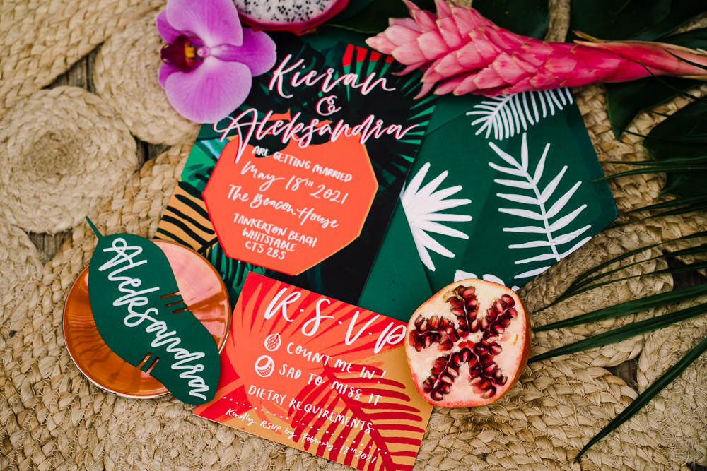 Tropical Colourful Stationery Invite Invitations Staycation Wedding Jade Touron Photography