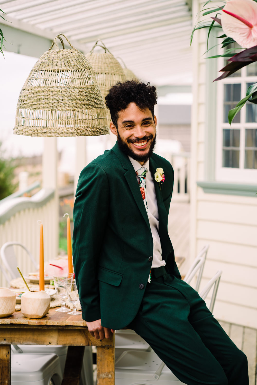 Groom Green Suit Floral Tropical Tie Staycation Wedding Jade Touron Photography