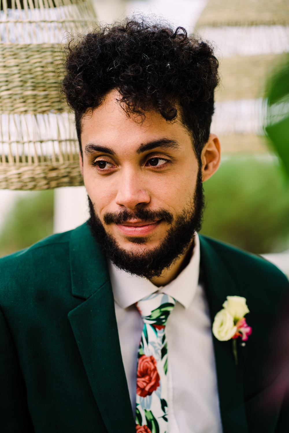 Groom Green Suit Floral Tropical Tie Staycation Wedding Jade Touron Photography