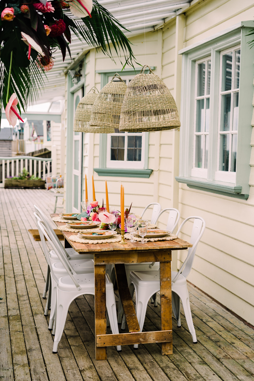 Table Decor Tropical Colourful Flowers Place Mats Gold Cutlery Candles Staycation Wedding Jade Touron Photography