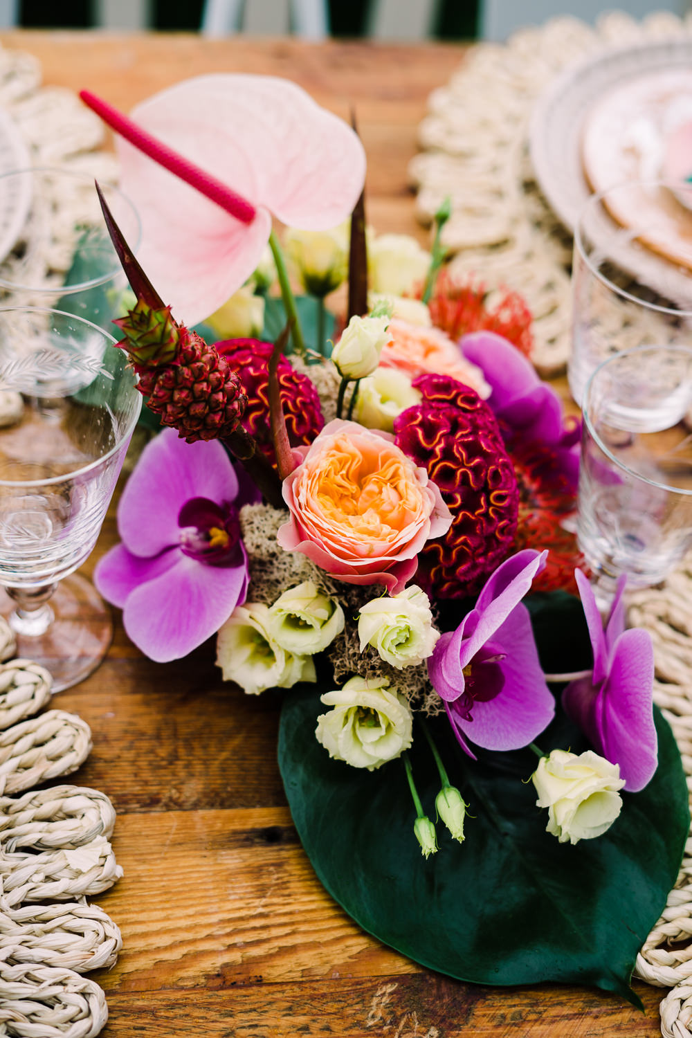 Table Decor Tropical Colourful Flowers Place Mats Gold Cutlery Candles Staycation Wedding Jade Touron Photography