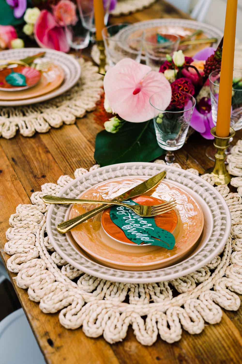 Table Decor Tropical Colourful Flowers Place Mats Gold Cutlery Candles Staycation Wedding Jade Touron Photography