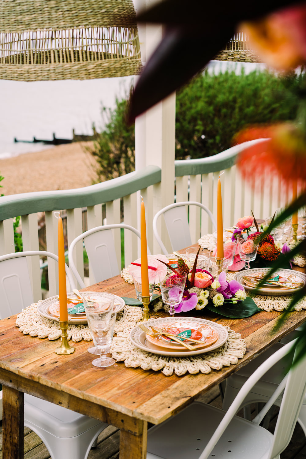 Table Decor Tropical Colourful Flowers Place Mats Gold Cutlery Candles Staycation Wedding Jade Touron Photography