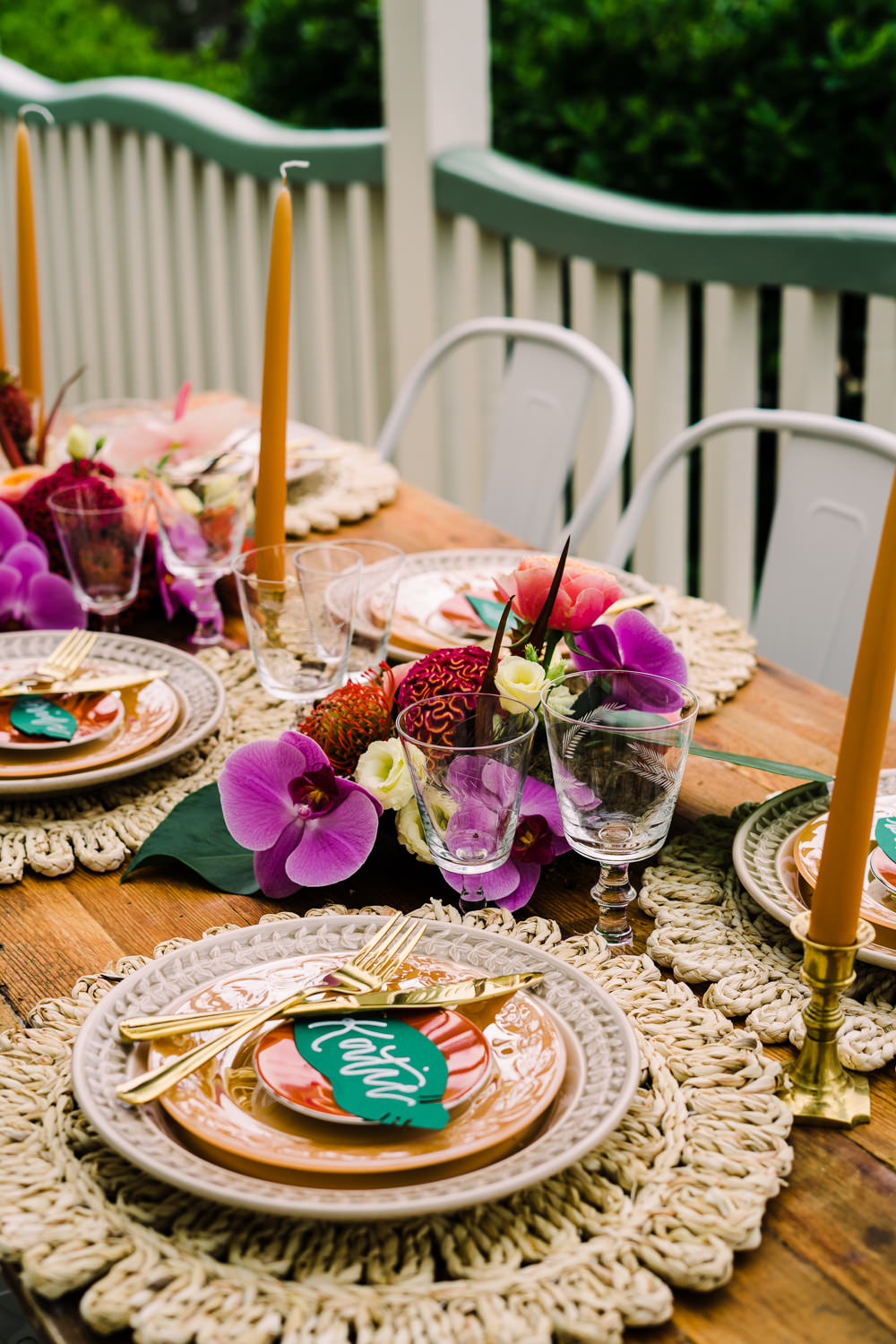 Table Decor Tropical Colourful Flowers Place Mats Gold Cutlery Candles Staycation Wedding Jade Touron Photography