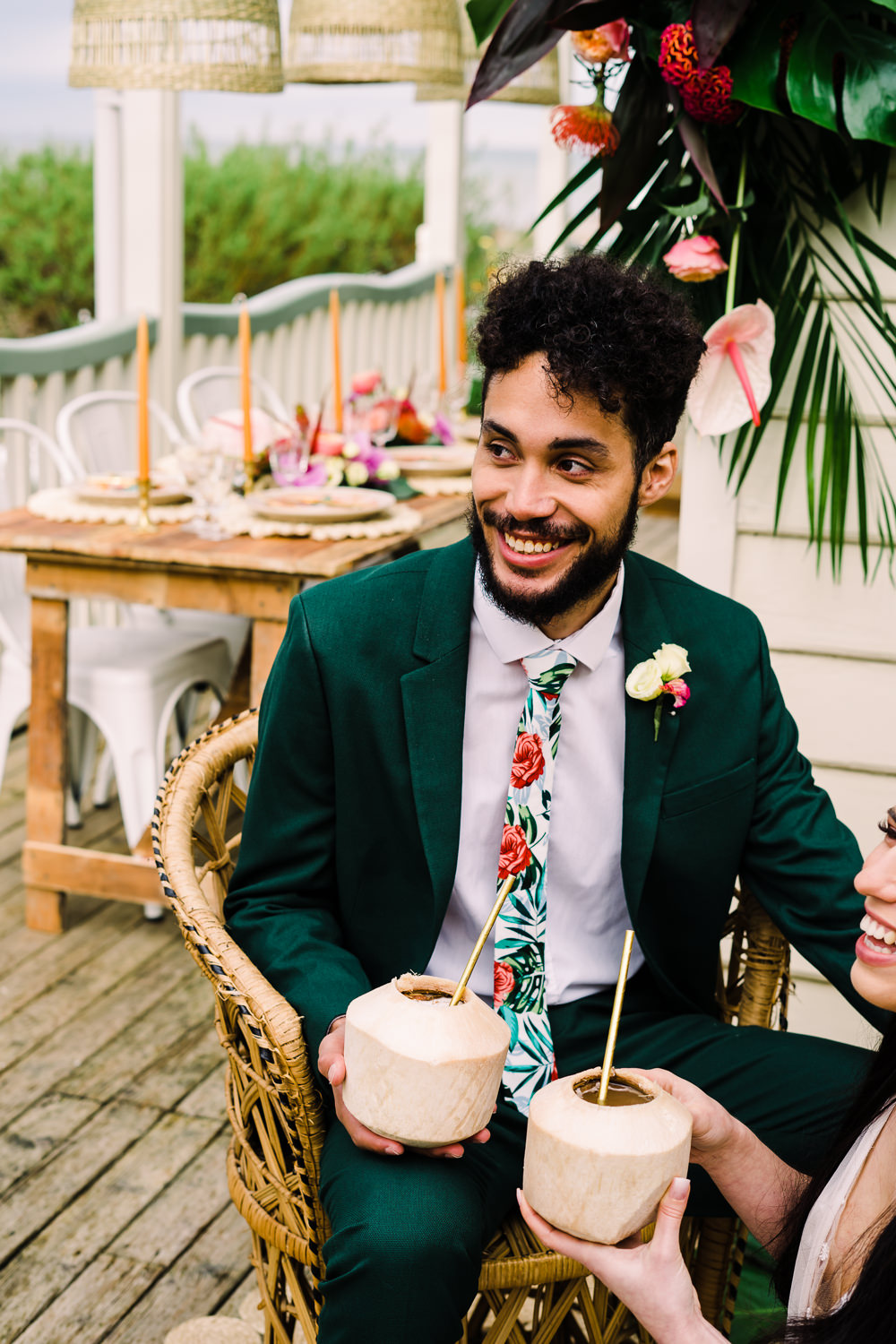 Groom Green Suit Floral Tropical Tie Staycation Wedding Jade Touron Photography