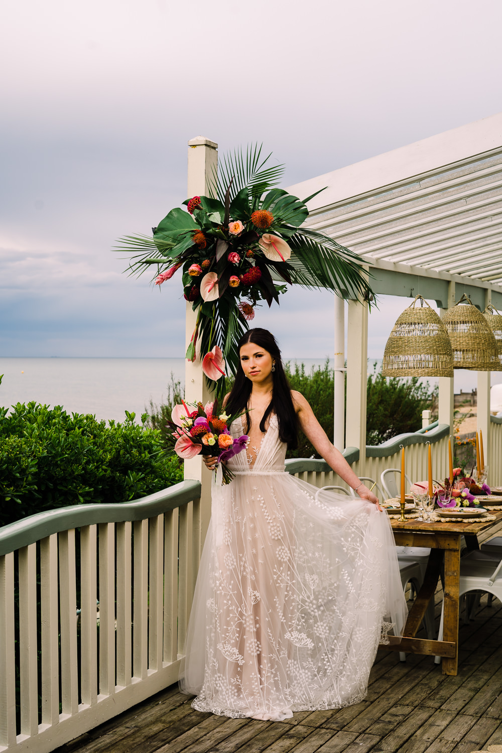 Dress Gown Bride Bridal Lace Plunge Neck Staycation Wedding Jade Touron Photography