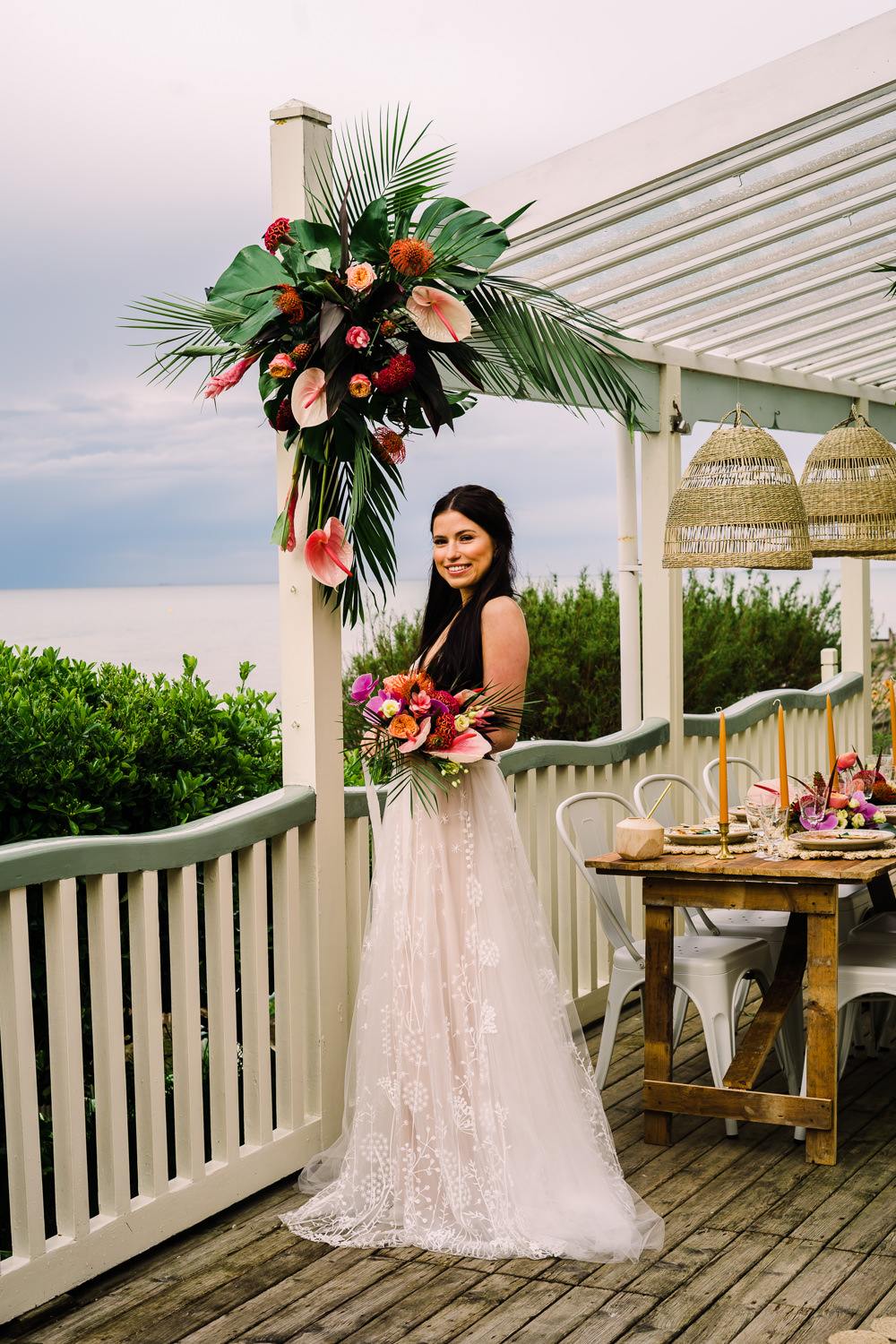 Dress Gown Bride Bridal Lace Plunge Neck Staycation Wedding Jade Touron Photography