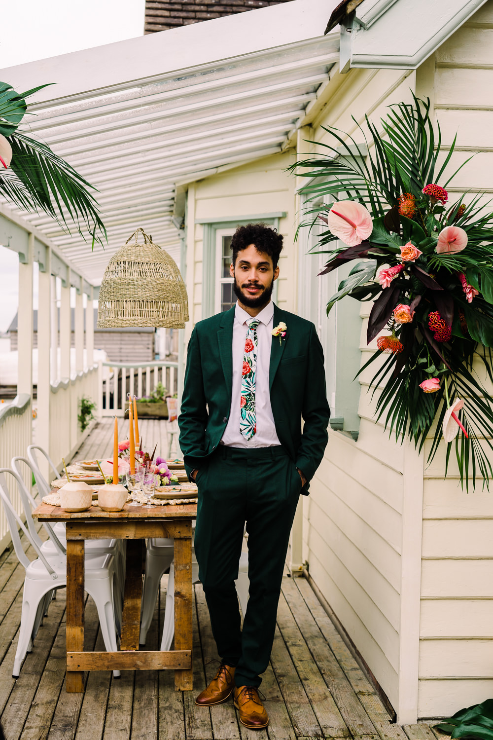 Groom Green Suit Floral Tropical Tie Staycation Wedding Jade Touron Photography