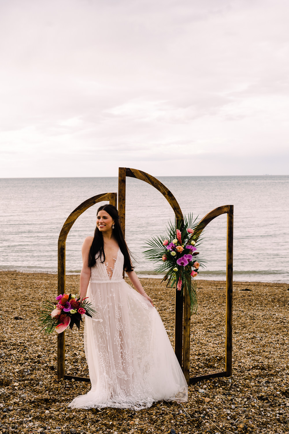 Dress Gown Bride Bridal Lace Plunge Neck Staycation Wedding Jade Touron Photography