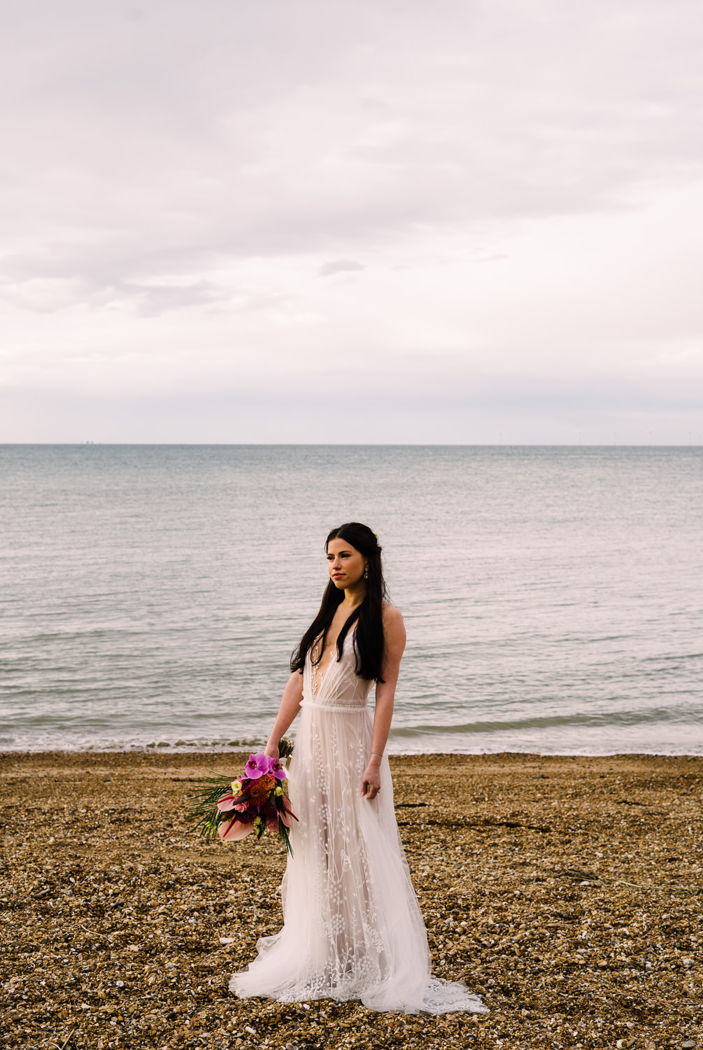 Dress Gown Bride Bridal Lace Plunge Neck Staycation Wedding Jade Touron Photography