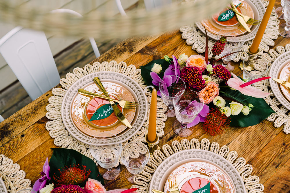 Table Decor Tropical Colourful Flowers Place Mats Gold Cutlery Candles Staycation Wedding Jade Touron Photography