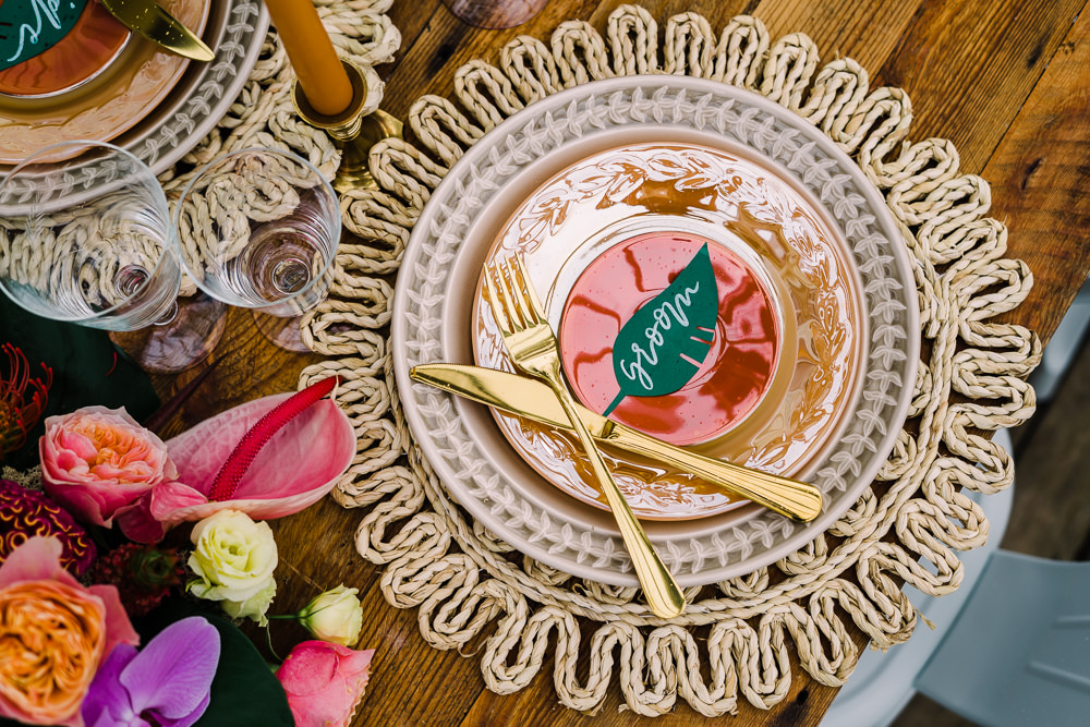 Table Decor Tropical Colourful Flowers Place Mats Gold Cutlery Candles Staycation Wedding Jade Touron Photography