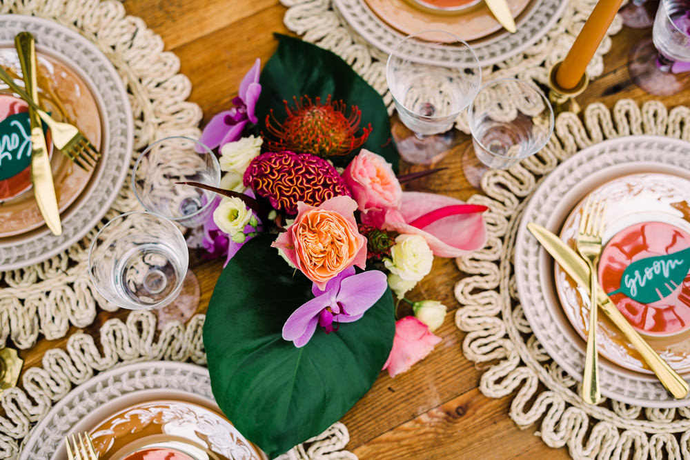 Table Decor Tropical Colourful Flowers Place Mats Gold Cutlery Candles Staycation Wedding Jade Touron Photography